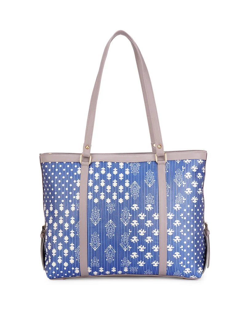 جلو باص Globus Women Blue Vegan Leather Azrak Floral Print Double Handle Oversized Tote Bag